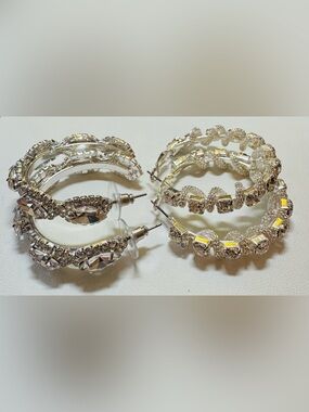 Silver Tone Crystal Rhinestone Hoop Earrings Set of 2